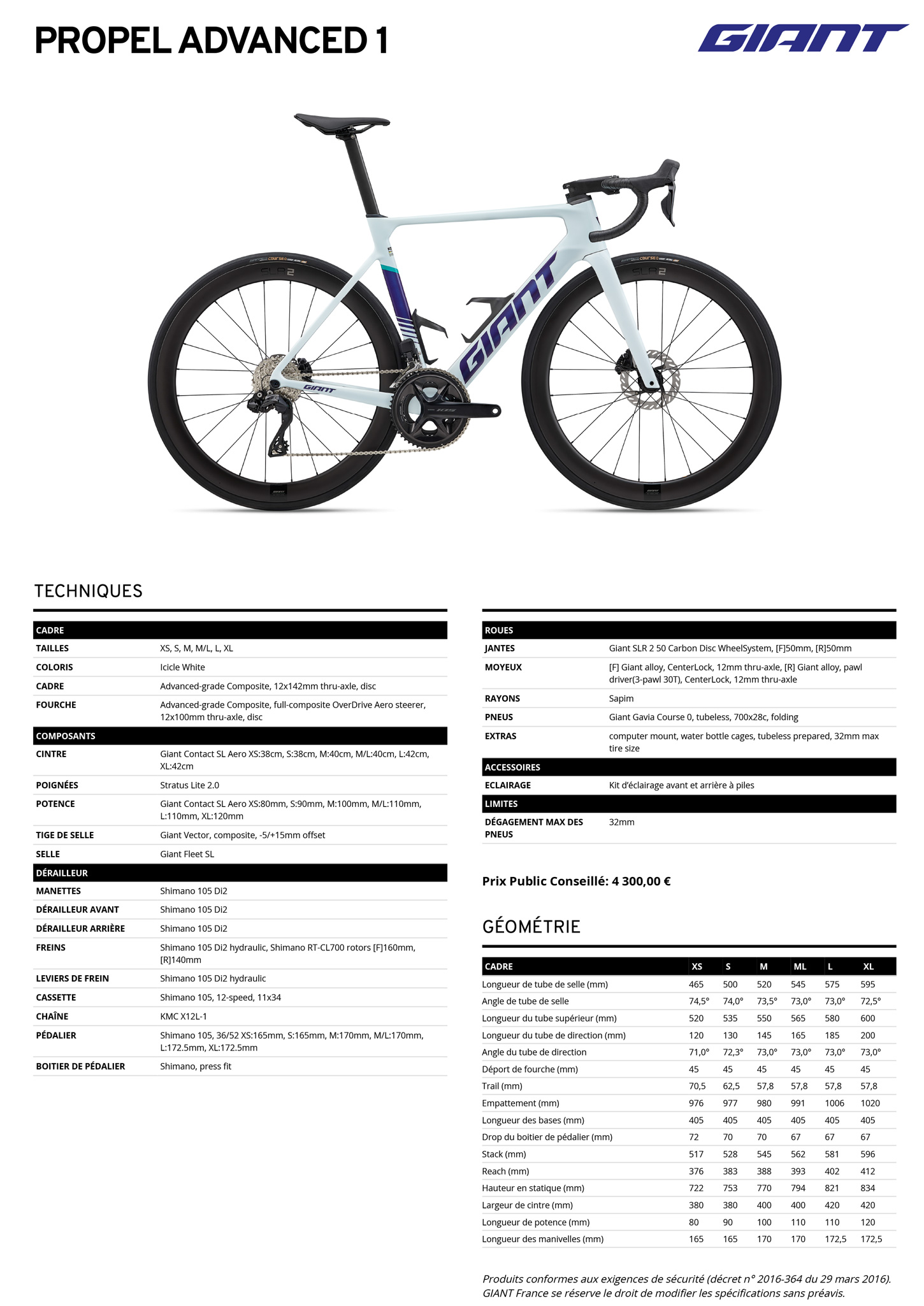 Fiche technique du velo Propel Advanced 1 Disc année 2026